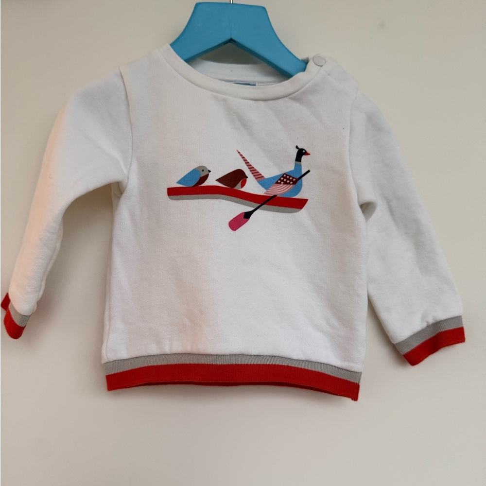 Jacadi White Sweatshirt with Red Trim and Multicolored Bird Motif